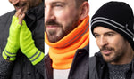 Load image into Gallery viewer, Three images showing a person wearing bright green gloves, an orange scarf, and a black beanie with reflective stripes.