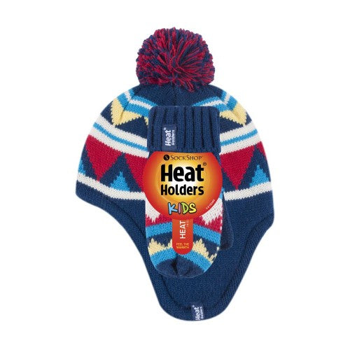 HEAT HOLDERS Cosy Ears Thermal Hat with Pom Pom & Mittens - Boys 3-6YRS
