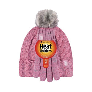 HEAT HOLDERS Cable Turn Over Hat with Pom Pom & Gloves-Girls Set 11+