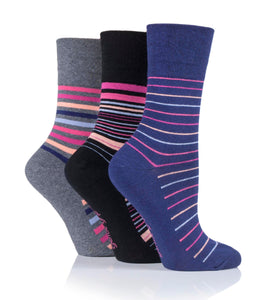 GENTLE GRIP 3Pk Crew Socks - Patterned Stripes - Women's UK 4-8