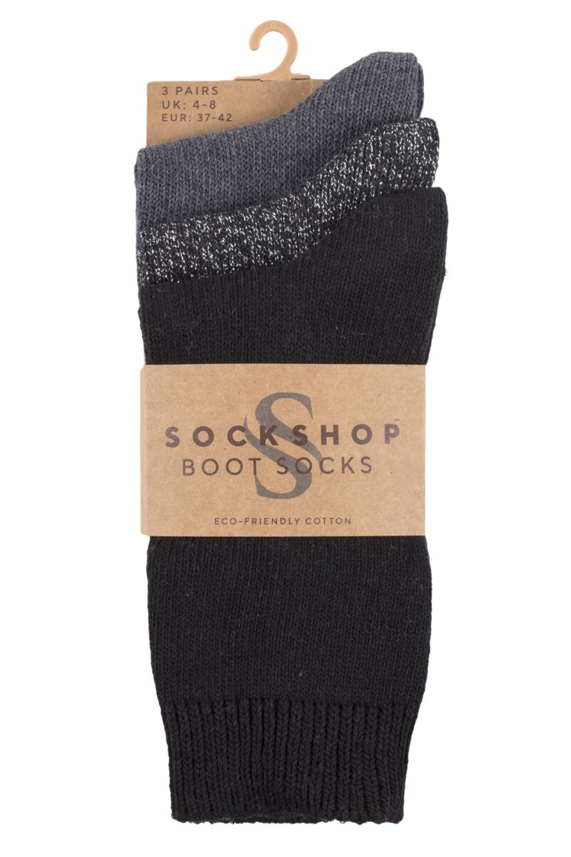 SOCKSHOP 3PK Ladies Plain Cotton and Glitter Lurex Boot Socks - UK 4-8