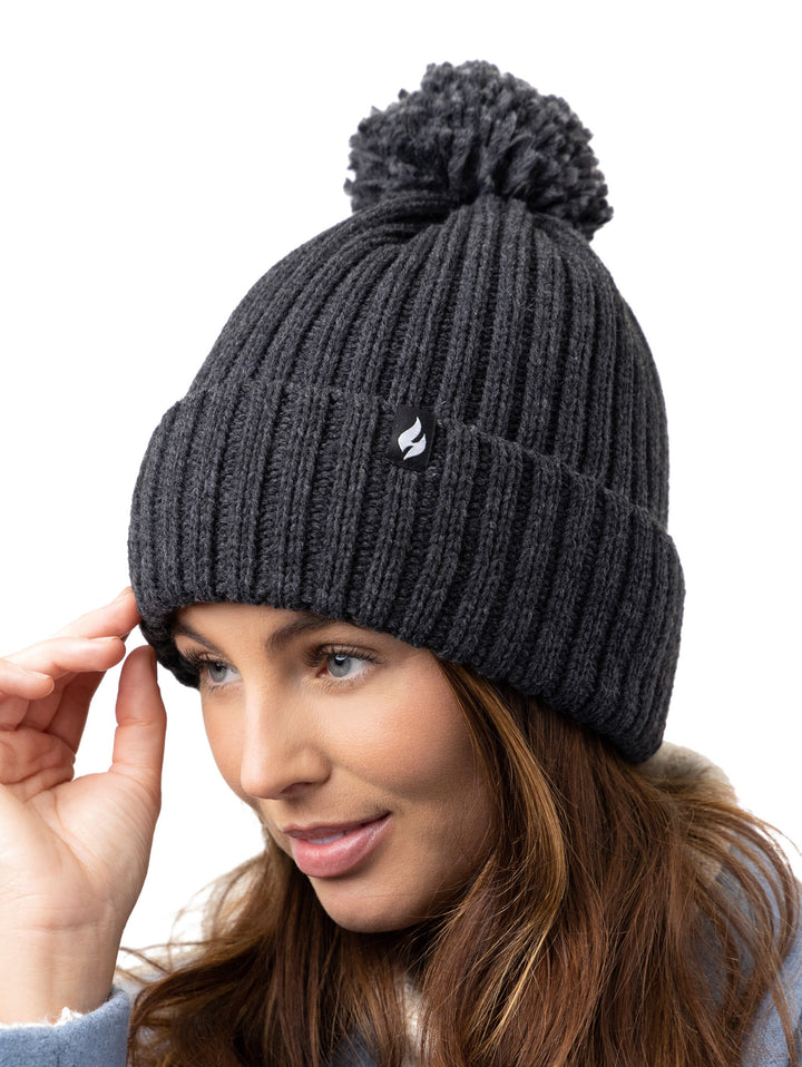 HEAT HOLDERS Arden Ribbed Hat Turnover Thermal Beanie & Pom Pom -Womens