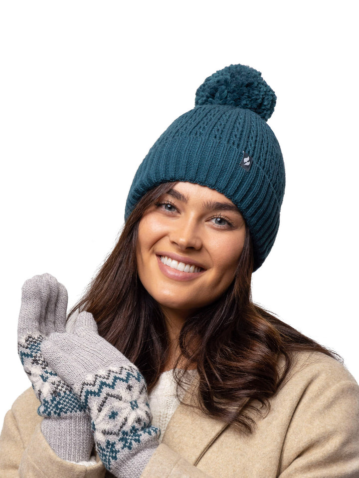 HEAT HOLDERS Ellery Cable Turnover Pom Pom Thermal Beanie - Womens