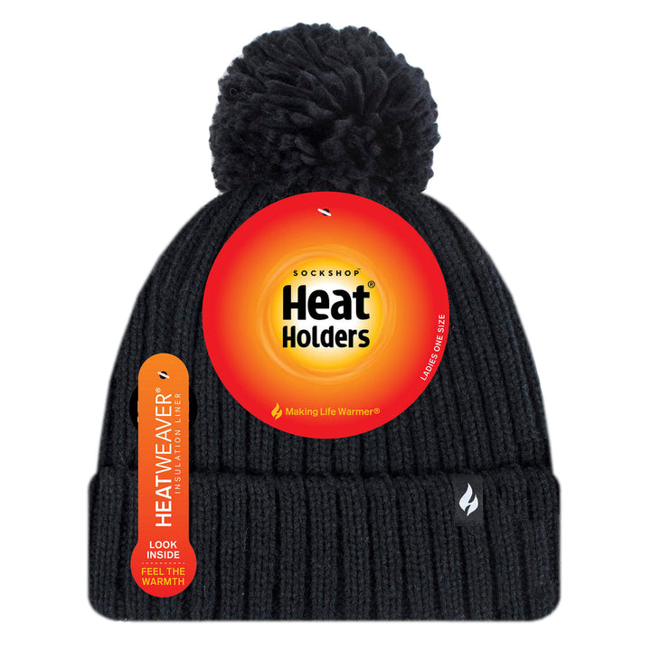 HEAT HOLDERS Arden Ribbed Hat Turnover Thermal Beanie & Pom Pom -Womens