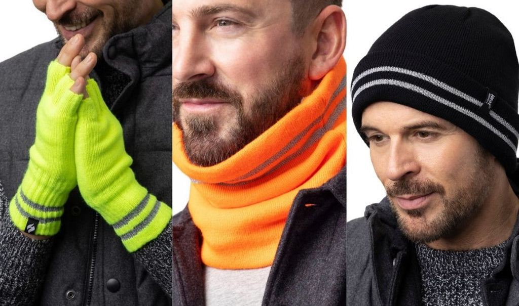 Three images showing a person wearing bright green gloves, an orange scarf, and a black beanie with reflective stripes.