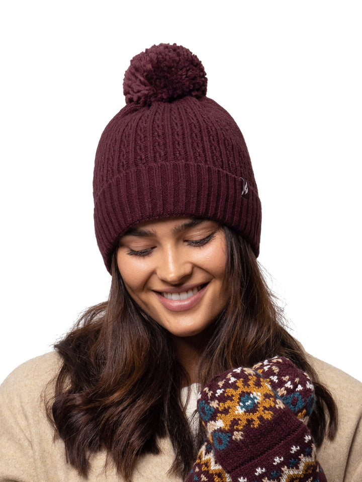 HEAT HOLDERS Ellery Cable Turnover Pom Pom Thermal Beanie - Womens