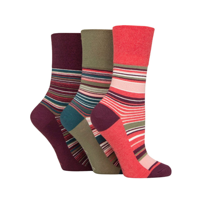 GENTLE GRIP 3Pk Crew Socks - Patterned Stripes - Women's UK 4-8