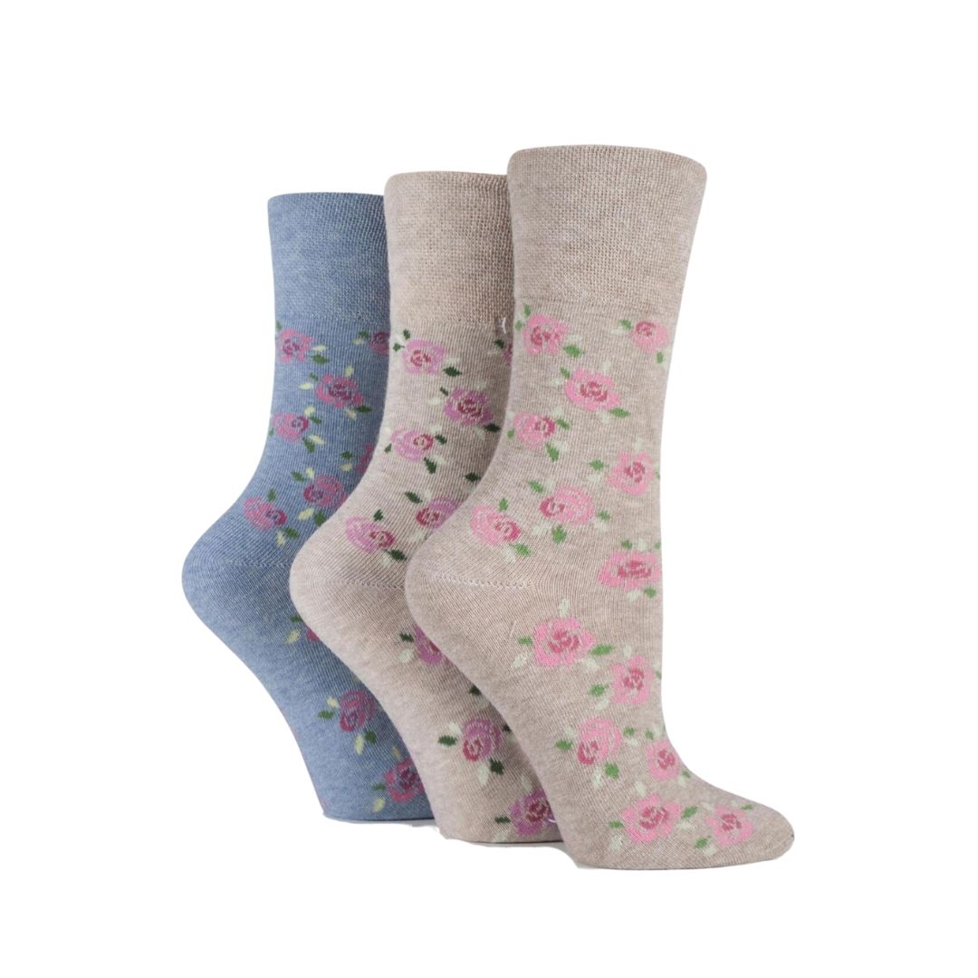 GENTLE GRIP 3Pk  Crew Socks- Floral - Womens 4-8