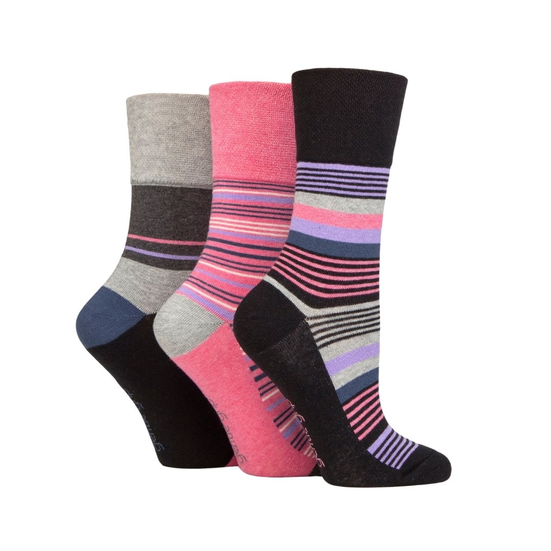 GENTLE GRIP 3Pk Crew Socks - Patterned Stripes - Women's UK 4-8