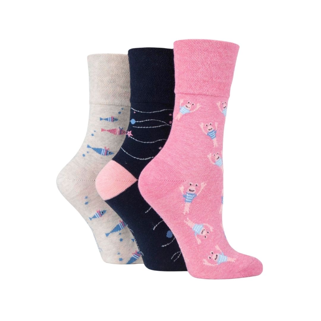 GENTLE GRIP 3Pk Crew Socks-Fun feet - Womens 4-8