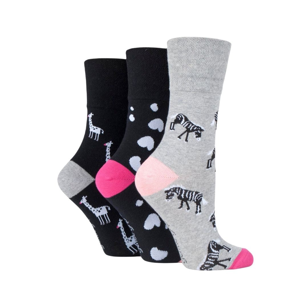 GENTLE GRIP 3Pk Crew Socks-Fun feet - Womens 4-8