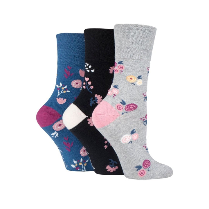 GENTLE GRIP 3Pk  Crew Socks- Floral - Womens 4-8