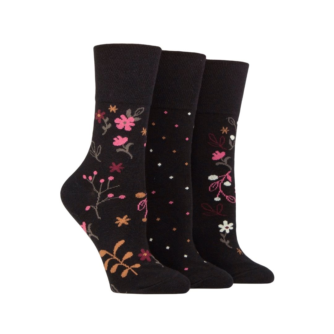 GENTLE GRIP 3Pk  Crew Socks- Floral - Womens 4-8