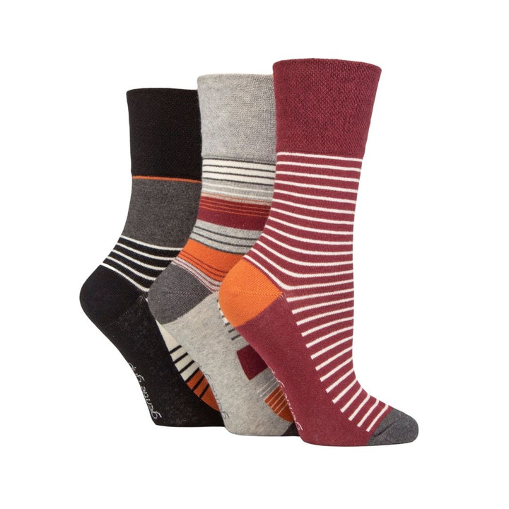 GENTLE GRIP 3Pk Crew Socks - Patterned Stripes - Women's UK 4-8