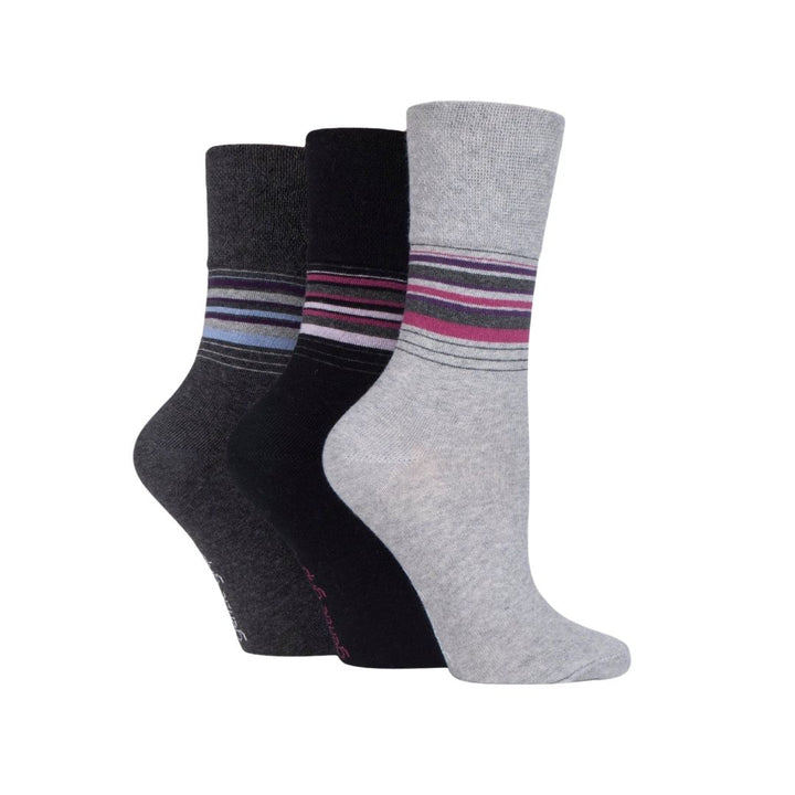 GENTLE GRIP 3Pk Crew Socks - Plain Stripe - Women's UK 4-8