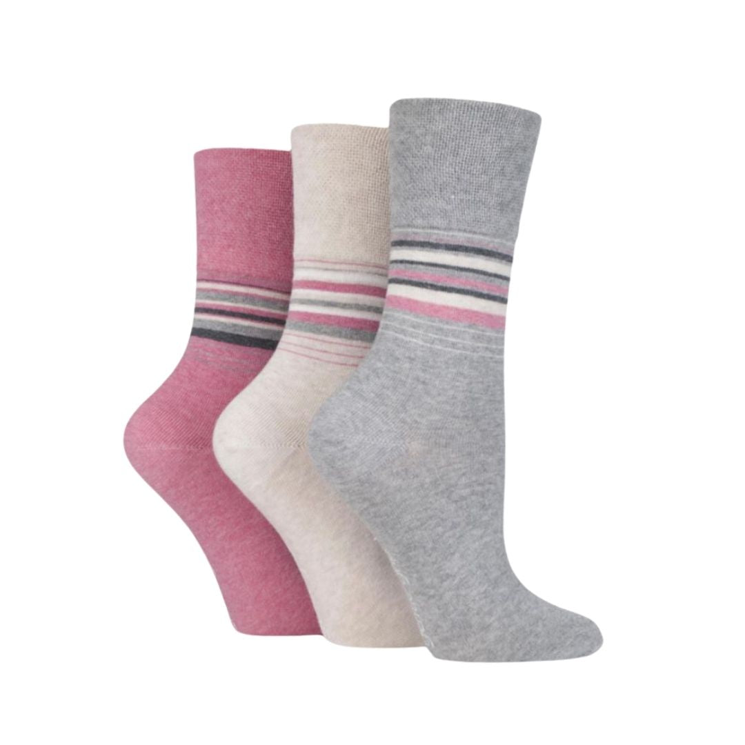 GENTLE GRIP 3Pk Crew Socks - Plain Stripe - Women's UK 4-8