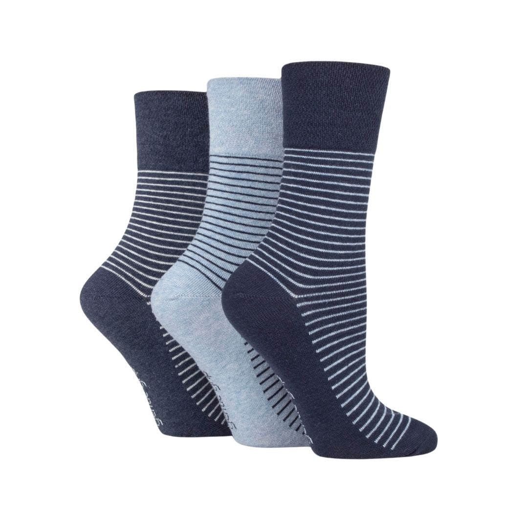 GENTLE GRIP 3Pk Crew Socks - Patterned Stripes - Women's UK 4-8