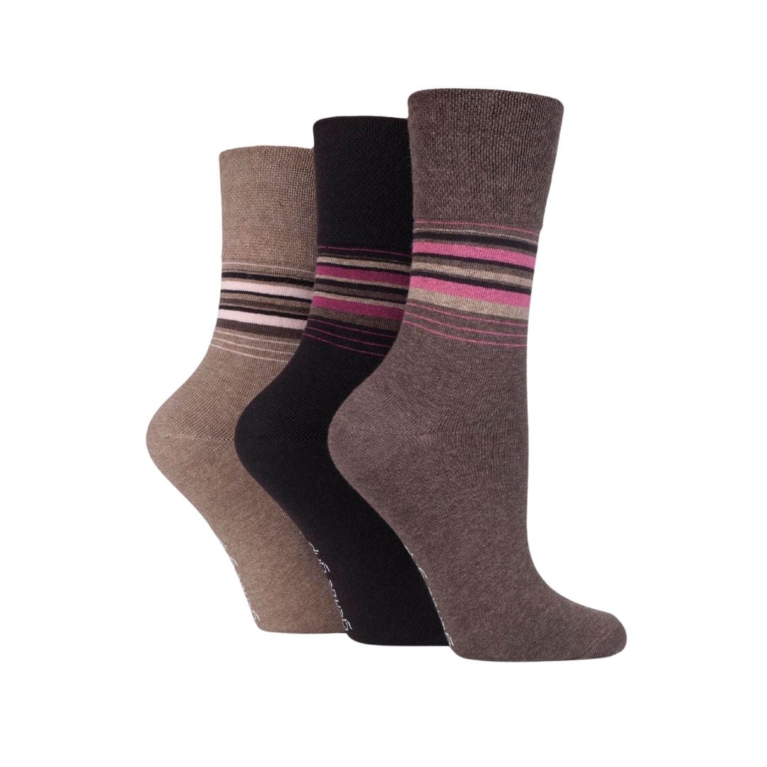 GENTLE GRIP 3Pk Crew Socks - Plain Stripe - Women's UK 4-8