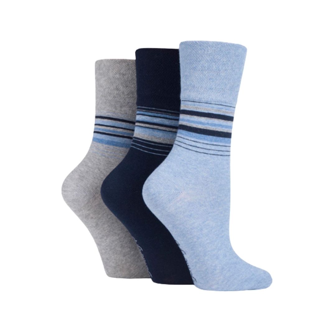 GENTLE GRIP 3Pk Crew Socks - Plain Stripe - Women's UK 4-8