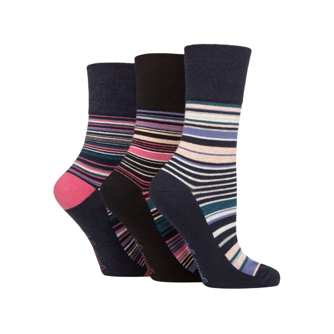 GENTLE GRIP 3Pk Crew Socks - Patterned Stripes - Women's UK 4-8