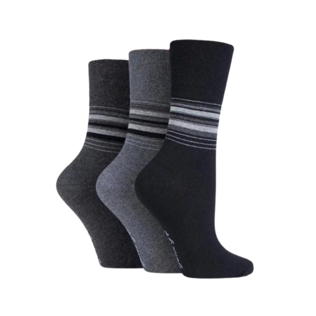 GENTLE GRIP 3Pk Crew Socks - Plain Stripe - Women's UK 4-8