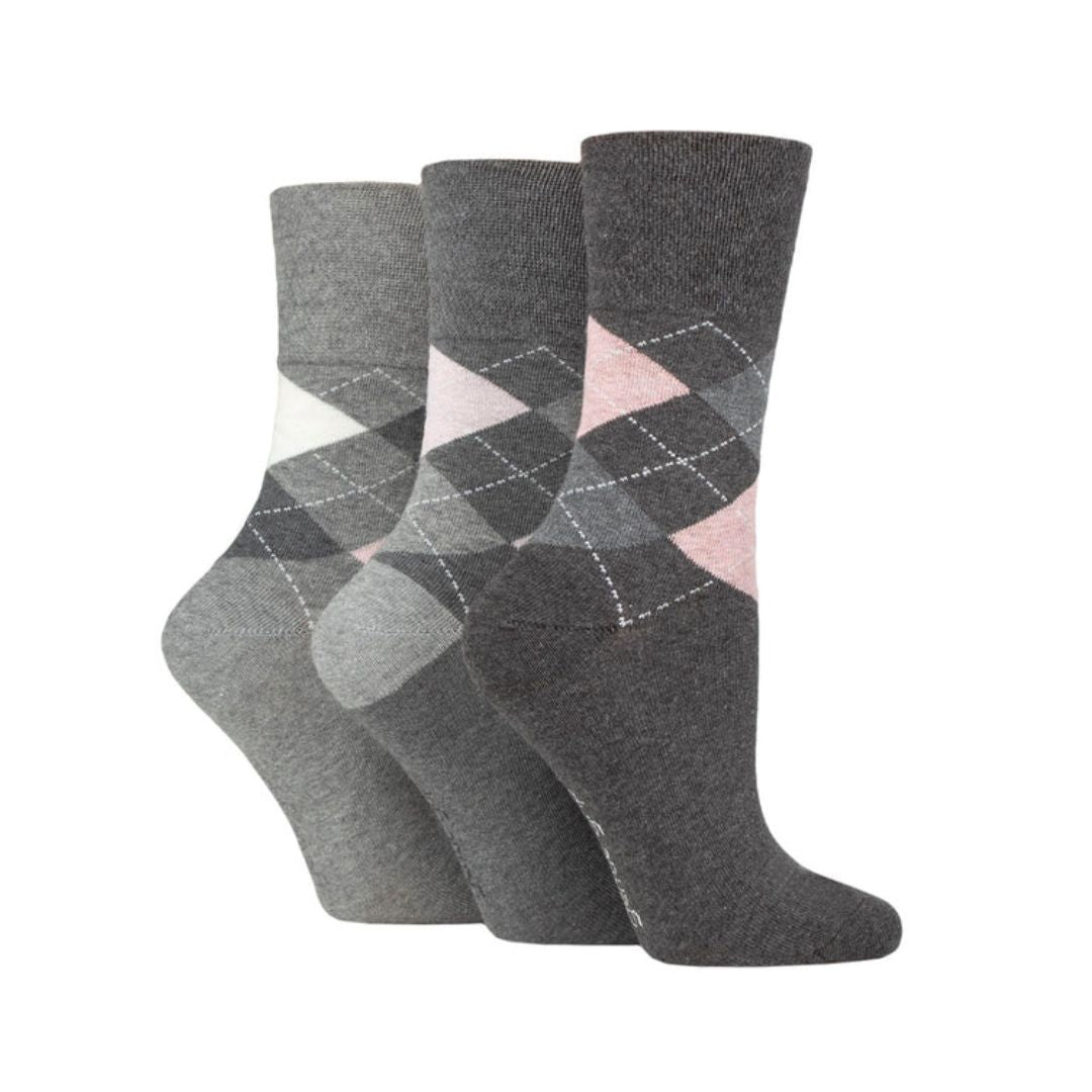 GENTLE GRIP 3Pk Crew Socks- Argyle-Womens 4-8