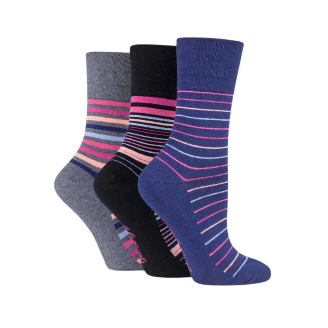 GENTLE GRIP 3Pk Crew Socks - Patterned Stripes - Women's UK 4-8