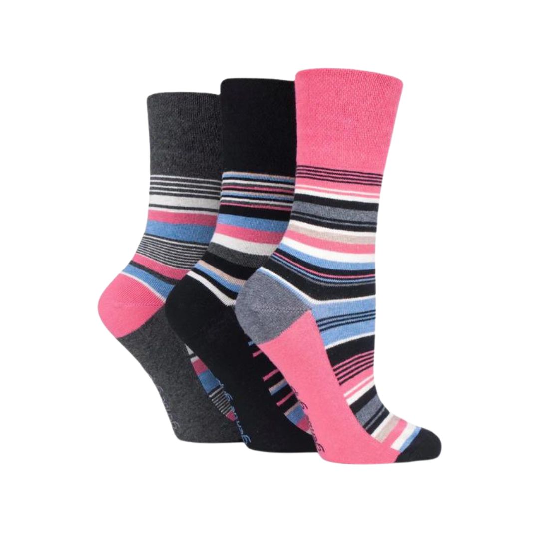 GENTLE GRIP 3Pk Crew Socks - Patterned Stripes - Women's UK 4-8