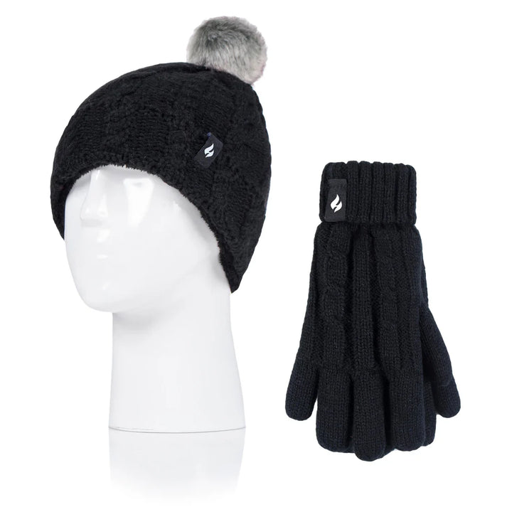 HEAT HOLDERS Glacier Cable Turn Over Hat with Pom Pom & Gloves-Girls Set 7-10 Years