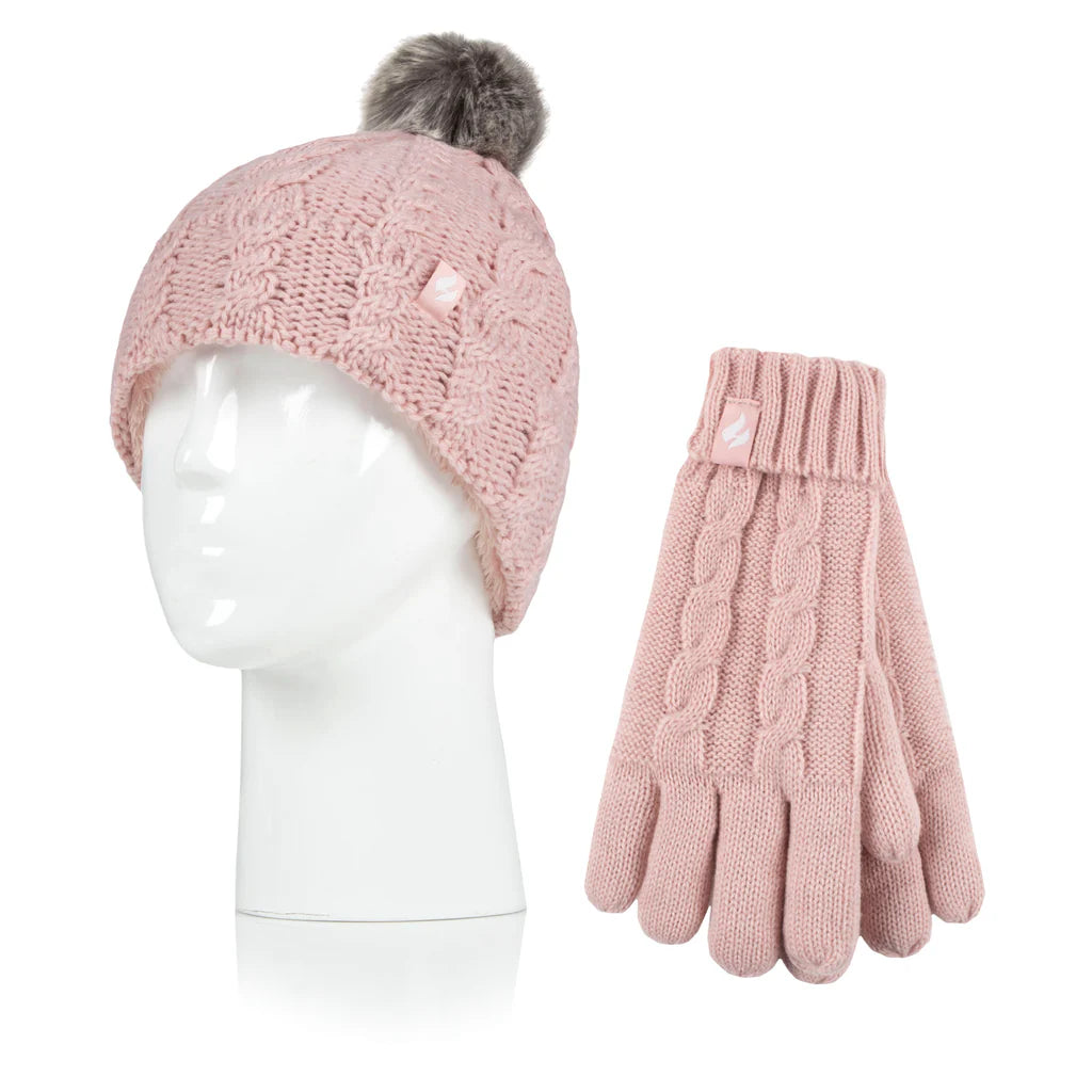 HEAT HOLDERS Glacier Cable Turn Over Hat with Pom Pom & Gloves-Girls Set 7-10 Years