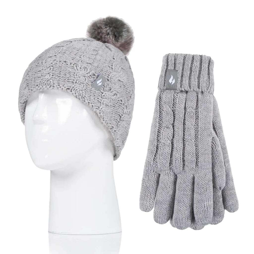 HEAT HOLDERS Glacier Cable Turn Over Hat with Pom Pom & Gloves-Girls Set 7-10 Years