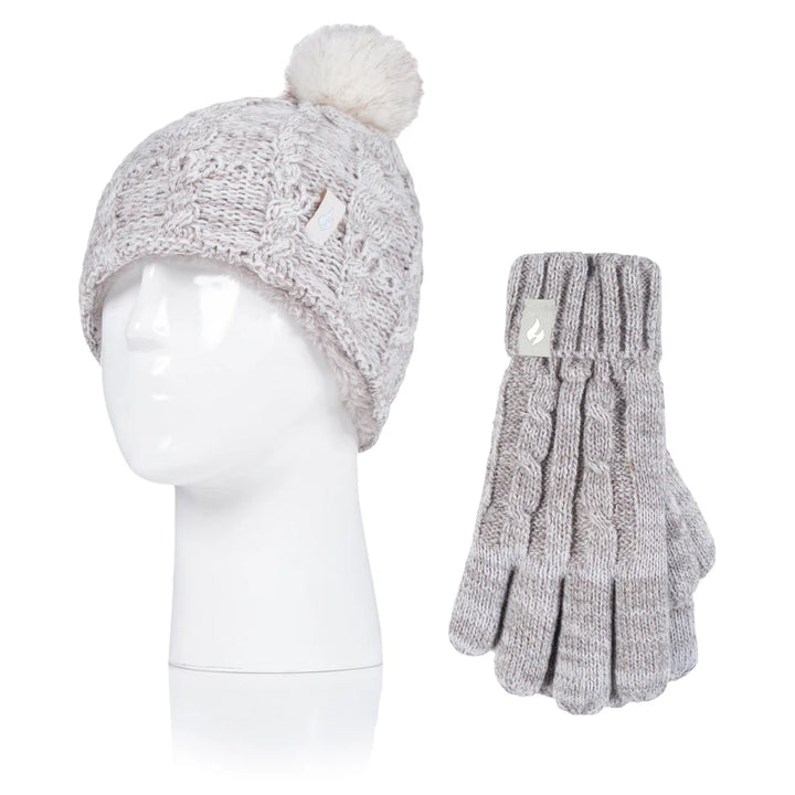 HEAT HOLDERS Glacier Cable Turn Over Hat with Pom Pom & Gloves-Girls Set 7-10 Years