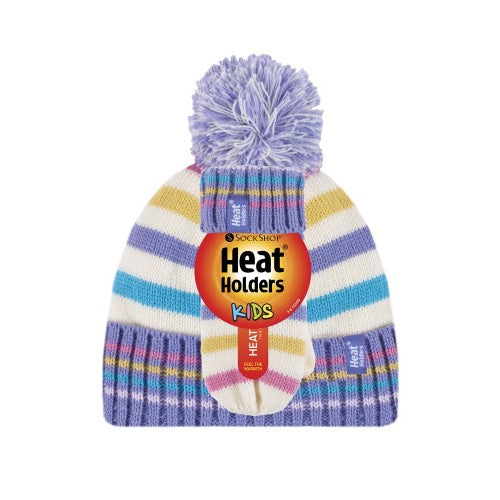 HEAT HOLDERS Cable Turn Over Hat with Pom Pom & Mittens-Girls Sets 3-6YRS