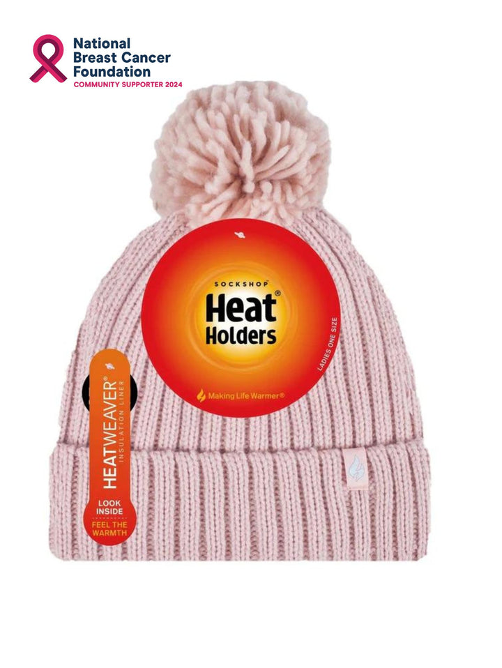 HEAT HOLDERS Arden Ribbed Hat Turnover Thermal Beanie & Pom Pom -Womens