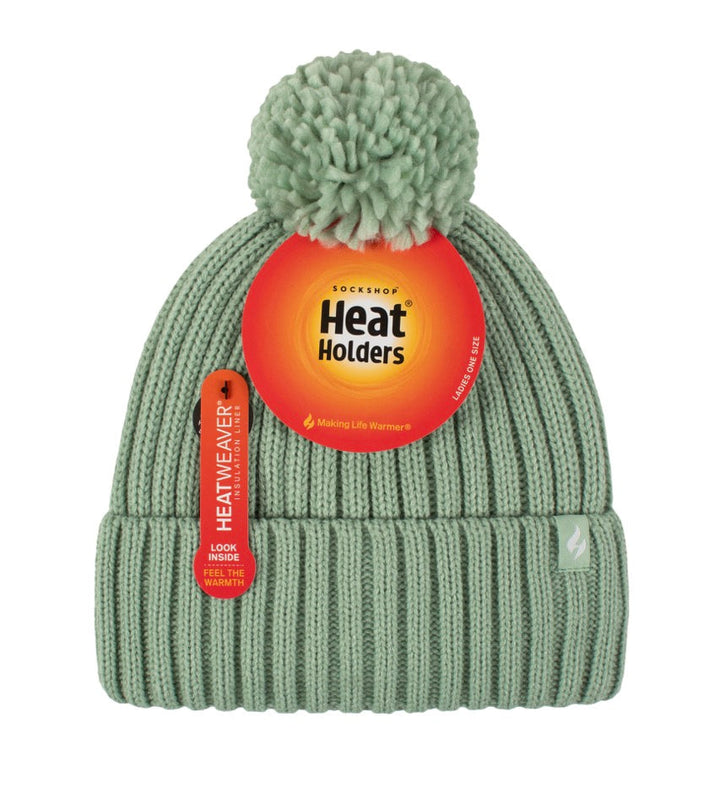 HEAT HOLDERS Arden Ribbed Hat Turnover Thermal Beanie & Pom Pom -Womens
