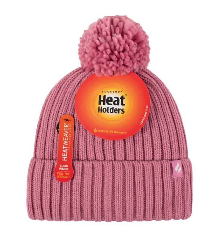 HEAT HOLDERS Arden Ribbed Hat Turnover Thermal Beanie & Pom Pom -Womens