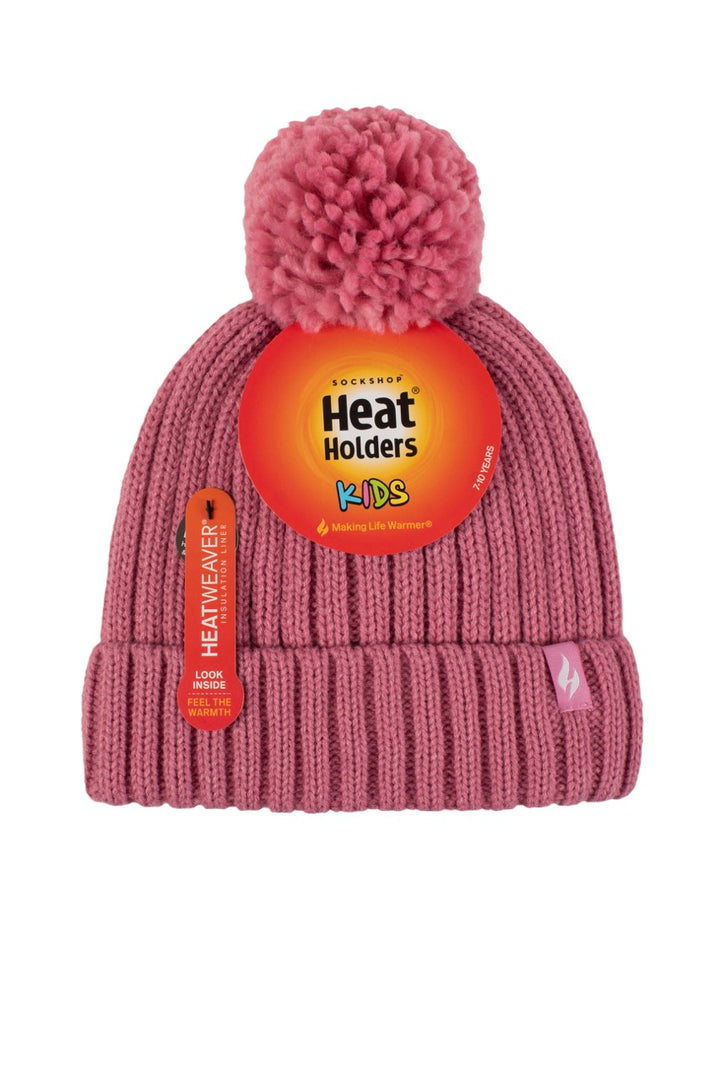 HEAT HOLDERS Kids Rockies Ribbed Thermal Beanie with Pom Pom- Unisex 7-10 Years