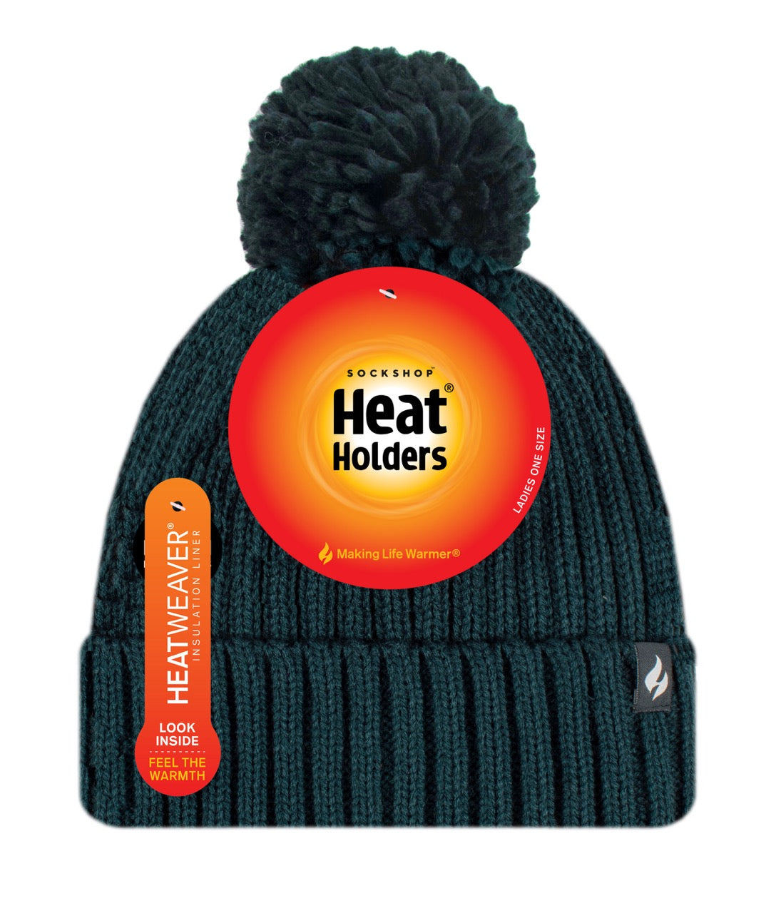 HEAT HOLDERS Arden Ribbed Hat Turnover Thermal Beanie & Pom Pom -Womens