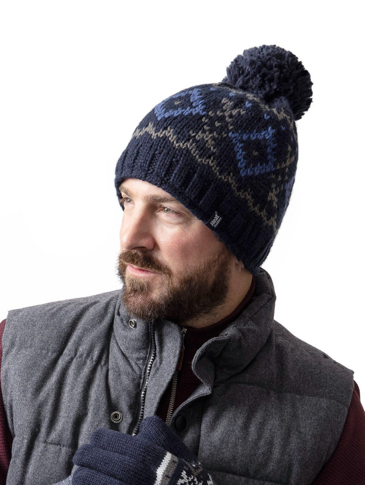 HEAT HOLDERS Helsinki Chunky Knit Jacquard Thermal Beanie with Pom Pom-Mens