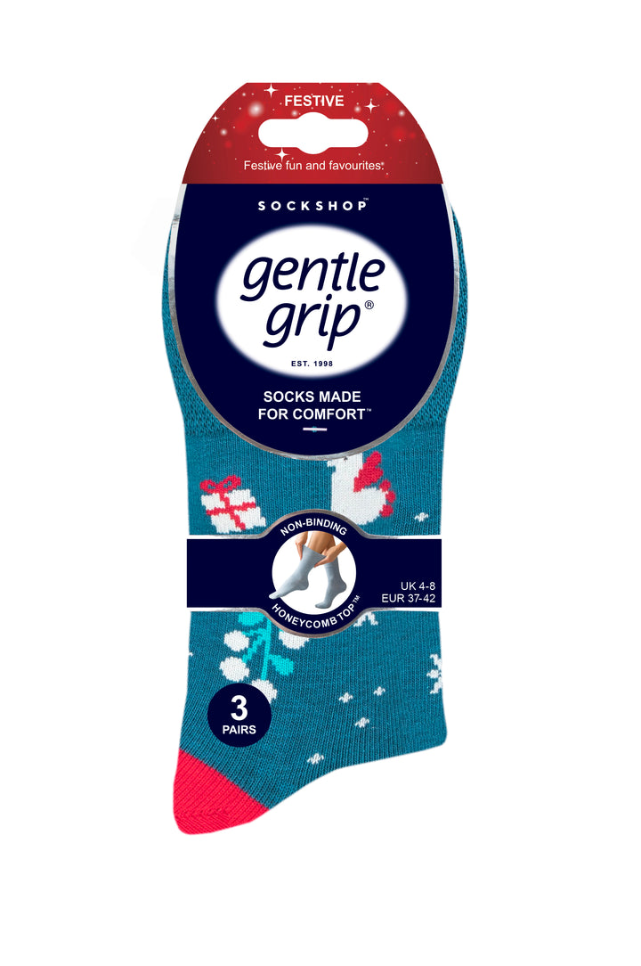 GENTLE GRIP 3Pk  Crew Socks- Christmas - Womens 4-8