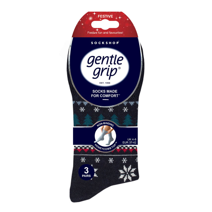 GENTLE GRIP 3Pk  Crew Socks- Christmas - Womens 4-8
