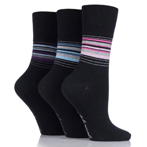 GENTLE GRIP 3Pk Crew Socks - Plain Stripe - Women's UK 4-8