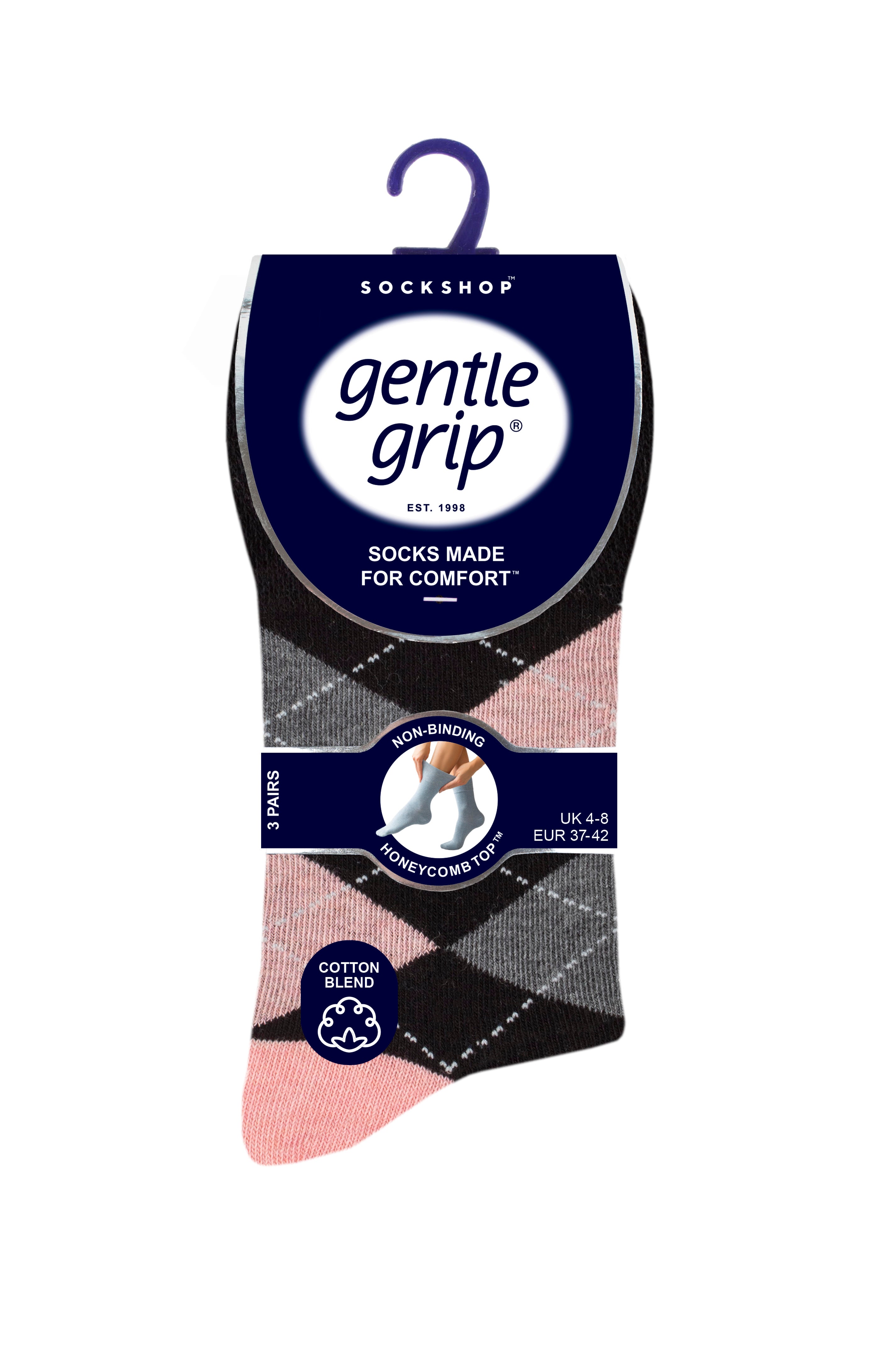 GENTLE GRIP 3Pk Crew Socks- Argyle-Womens 4-8