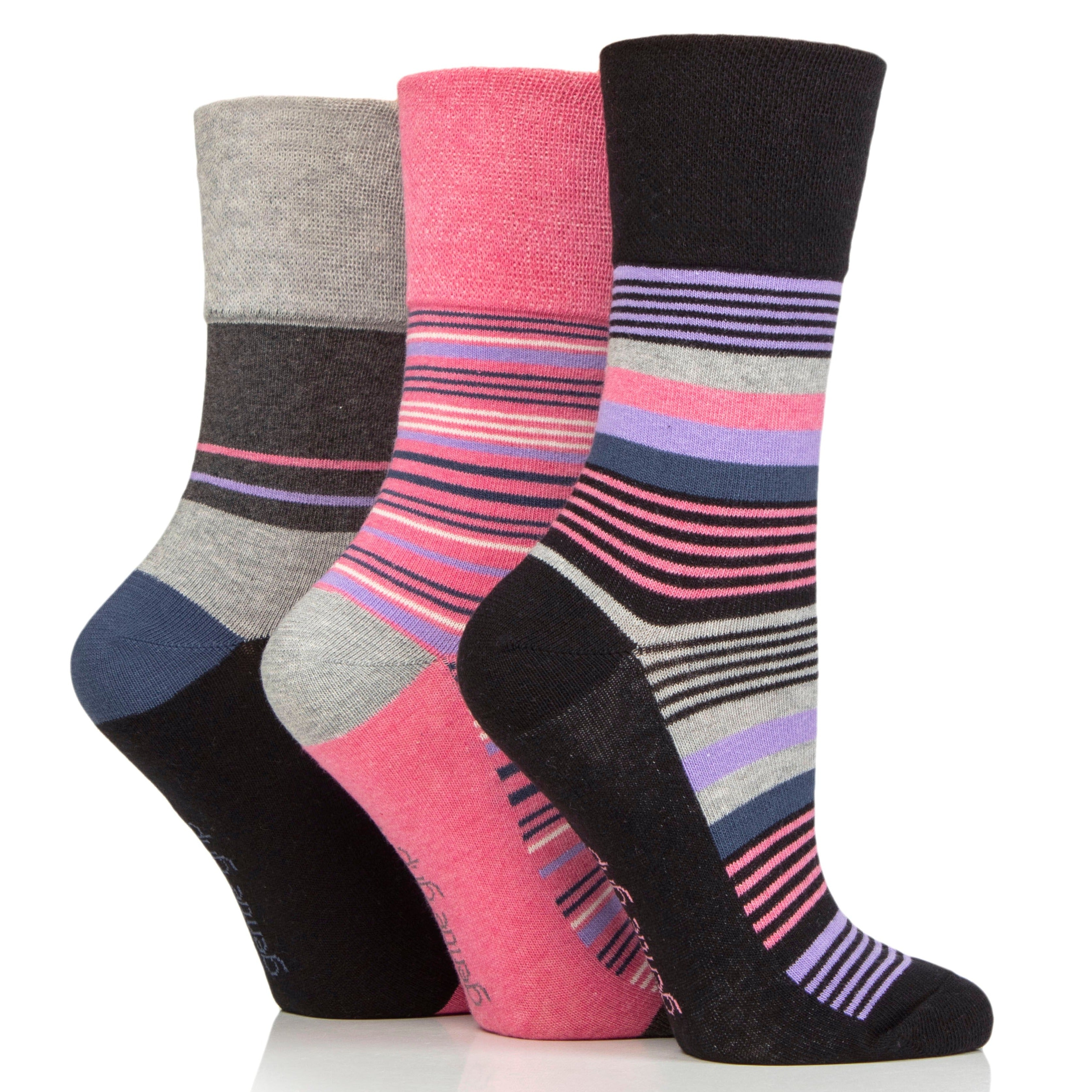 GENTLE GRIP 3Pk Crew Socks - Patterned Stripes - Women's UK 4-8