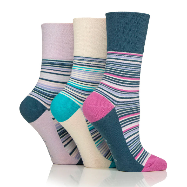 GENTLE GRIP 3Pk Crew Socks - Patterned Stripes - Women's UK 4-8