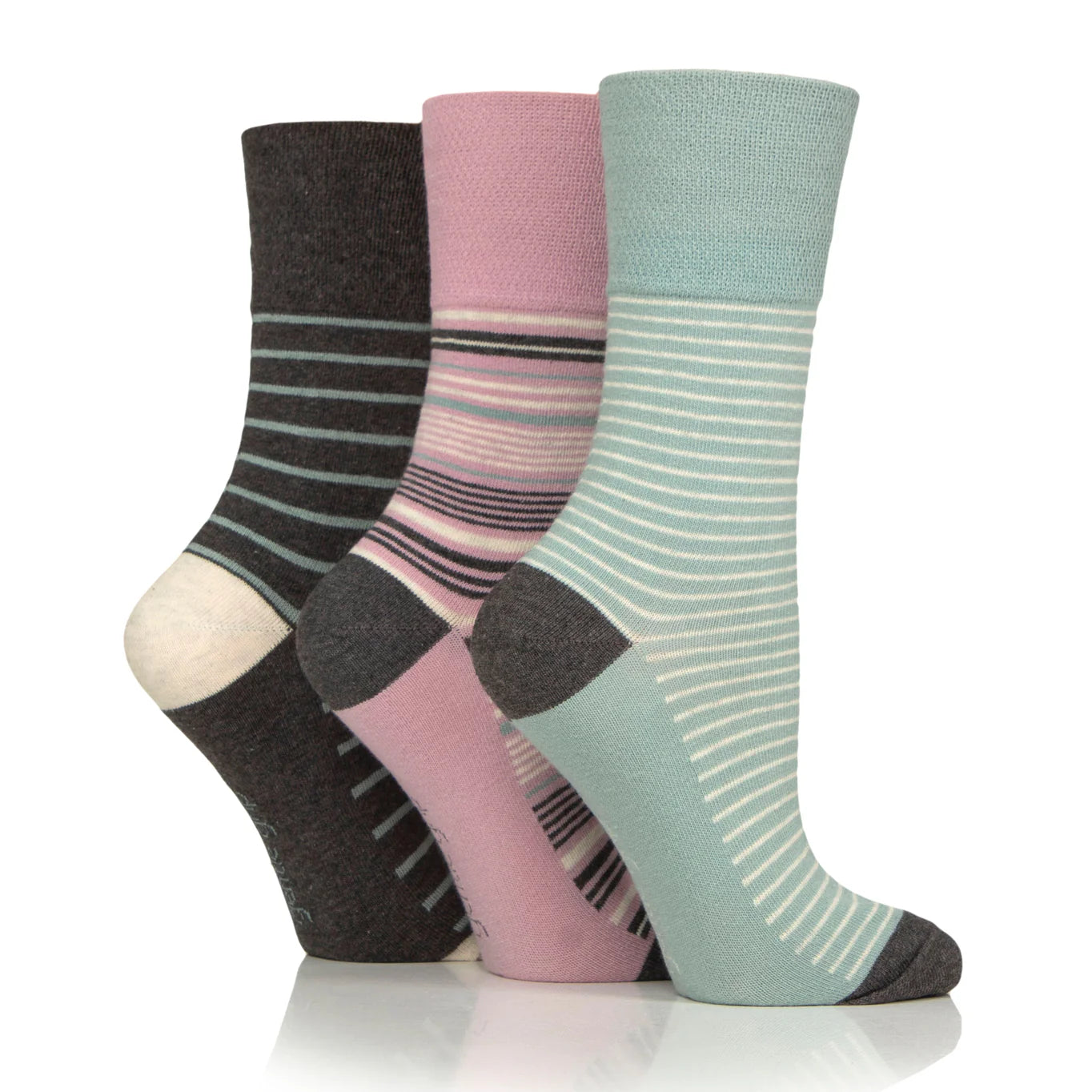 GENTLE GRIP 3Pk Crew Socks - Patterned Stripes - Women's UK 4-8