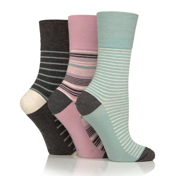 GENTLE GRIP 3Pk Crew Socks - Patterned Stripes - Women's UK 4-8