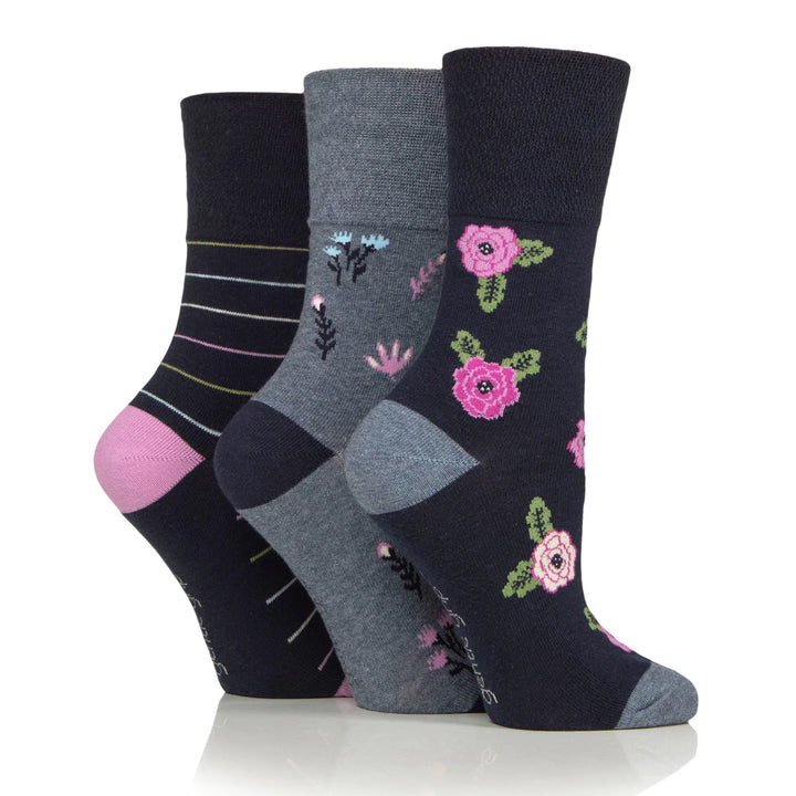 GENTLE GRIP 3Pk  Crew Socks- Floral - Womens 4-8