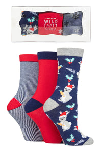 WILDFEET 3Pk Christmas Gift Boxed Novelty Cotton Socks- Womens 4-8