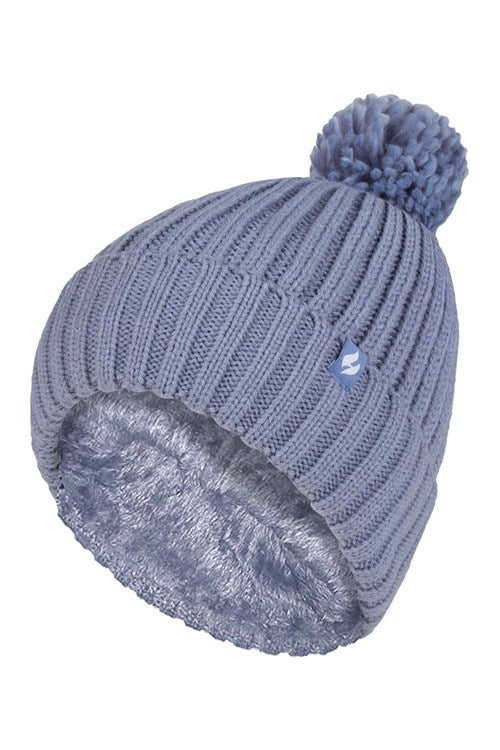 HEAT HOLDERS Arden Ribbed Hat Turnover Thermal Beanie & Pom Pom -Womens